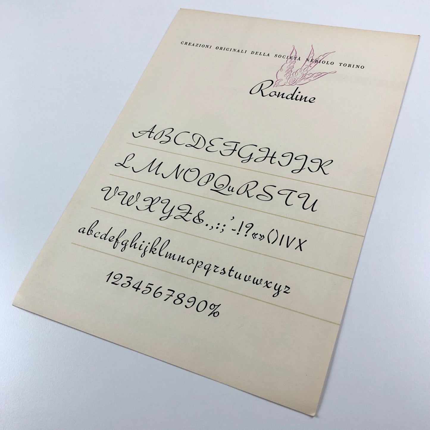 Type specimen sheet – Rondine Alessandro Butti | Societá Nebiolo 1956 ?