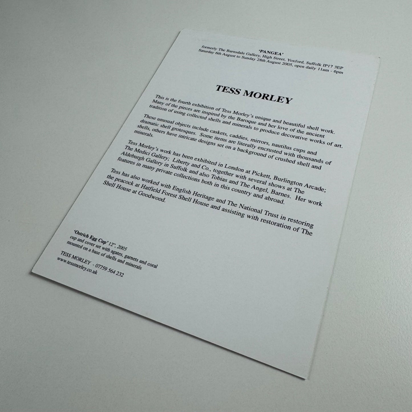 Promotional card for Tess Morley. Shell Work | The Barnsdale Gallery 2005