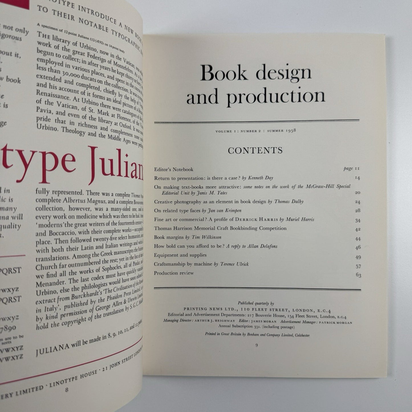 Book Design and Production – Vol 1 No 2 1958 | Printing News Ltd | Edited by James Moran