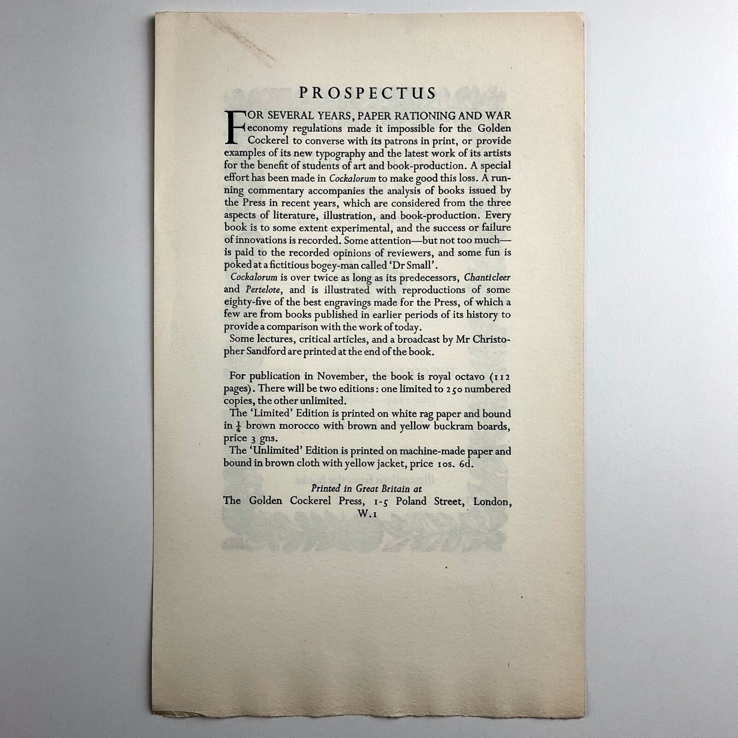 Single sheet prospectus for Cockalorum | The Golden Cockerel Press, 1948