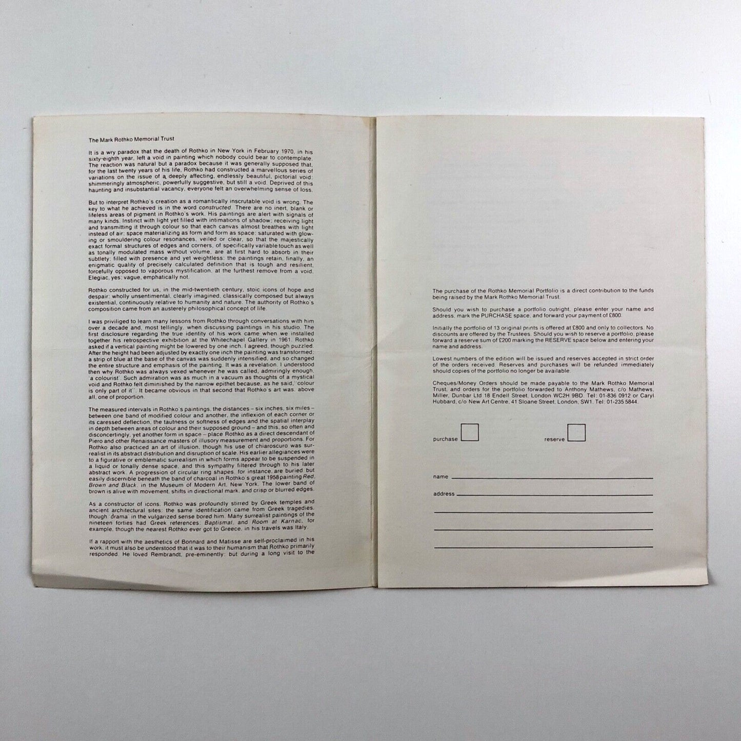 Leaflet for [Mark] Rothko Memorial Portfolio, 1973 | introduction by Bryan Robertson