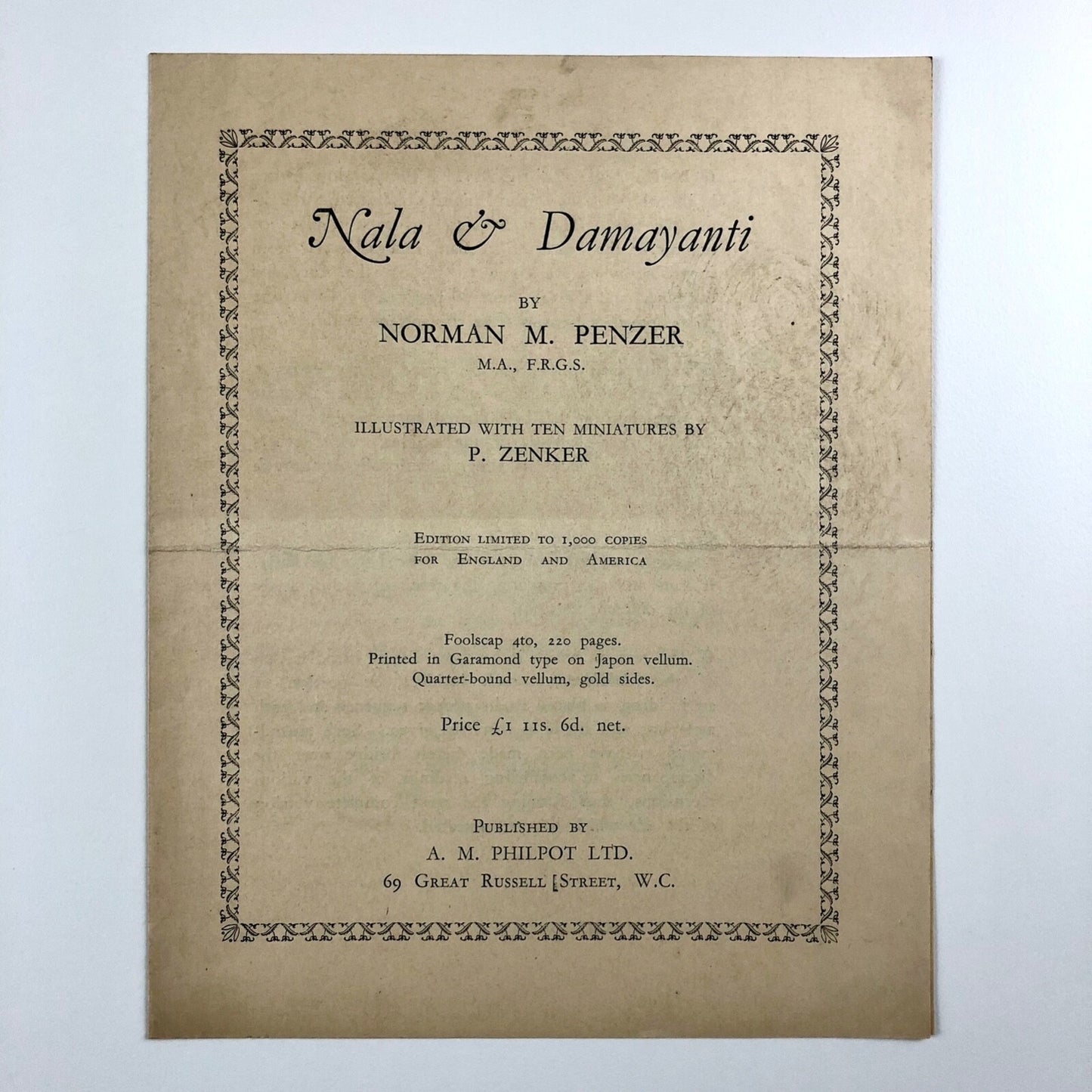 Prospectus for Nala & Damayanti by Norman M. Penzer | A.M. Philpot Ltd | Undated, presumed to be c.1926