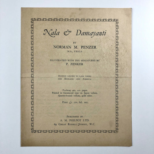 Prospectus for Nala & Damayanti by Norman M. Penzer | A.M. Philpot Ltd | Undated, presumed to be c.1926