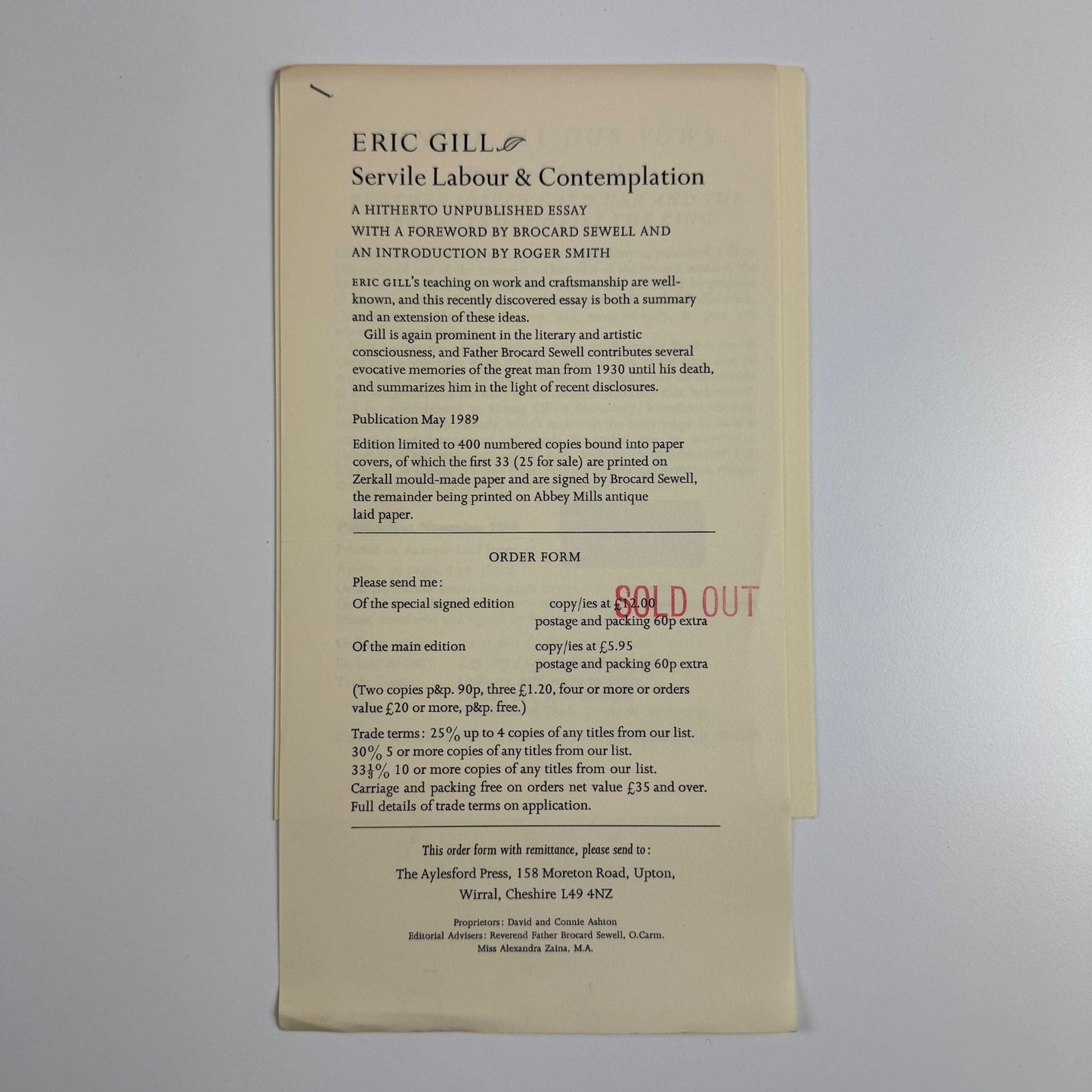 Four leaflets/order forms for The Aylesford Press books, c. 1988/9